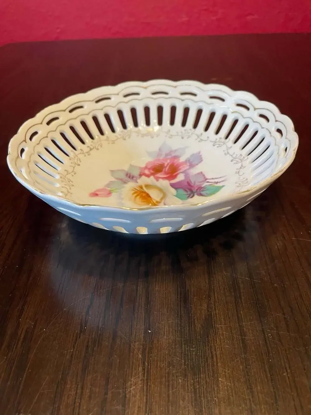 Vintage Hand-Painted Floral Reticulated Porcelain Bowl, Made in Japan